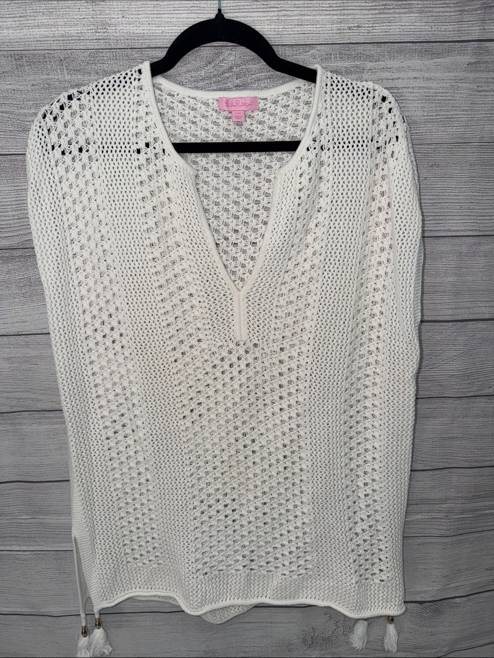Lilly Pulitzer White Open-Weave V-Neck Tassel Beach Coverup